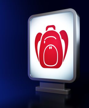 Learning concept: Backpack on advertising billboard background, 3d render