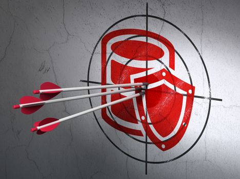 Success Software concept: arrows hitting the center of Red Database With Shield target on wall background