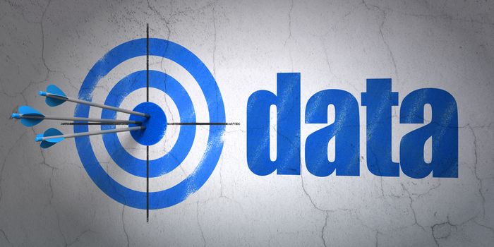 Success Information concept: arrows hitting the center of target, Blue Data on wall background