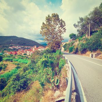Winding Paved Road near the Italian Town in Piedmont, Instagram Effect