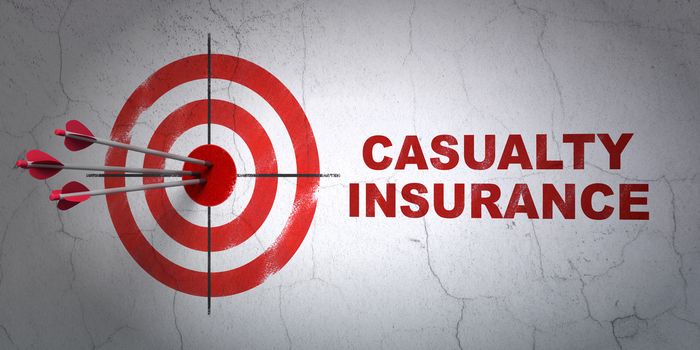 Success Insurance concept: arrows hitting the center of target, Red Casualty Insurance on wall background