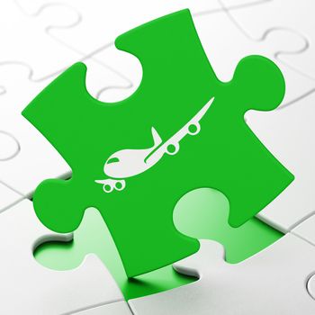 Travel concept: Airplane on Green puzzle pieces background, 3d render