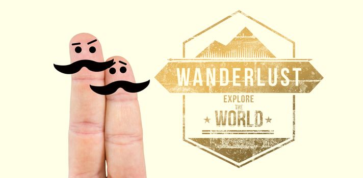 Two fingers with mustache against icons about adventure
