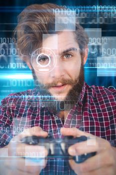 Portrait of hipster playing video game against blue technology design with binary code