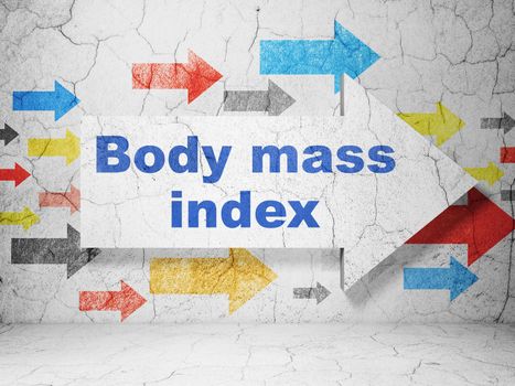Health concept:  arrow with Body Mass Index on grunge textured concrete wall background