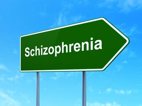 Health concept: Schizophrenia on green road highway sign, clear blue sky background, 3d render