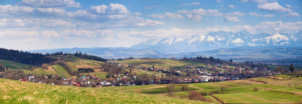 South Poland Panorama with snowy Tatra mountains in spring