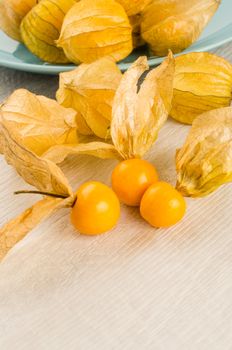 Blue dish with ripe physalis on white wooden background. Physalis fruit closeup