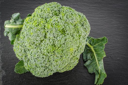 Raw broccoli on black chalkboard. Background with free text space.