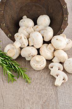 Fresh mushrooms on a wooden background.