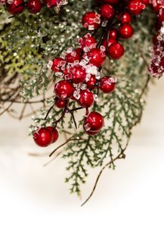 A holiday background with holly and green wreath.
