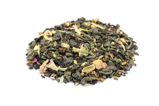 Heap of blend biological loose Flower Power tea isolated on white