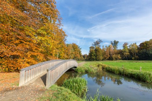 Fall forest landscape with wooden bridge over water near green meadow