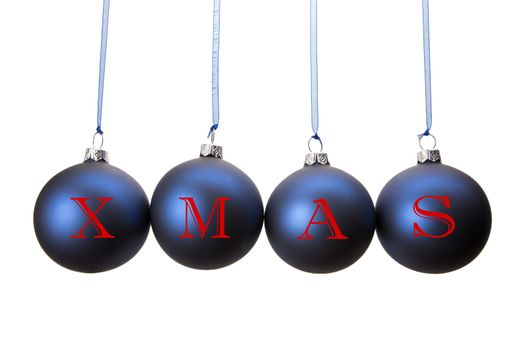 Four blue christmas balls with letters of word XMAS hanging in row isolated on white background