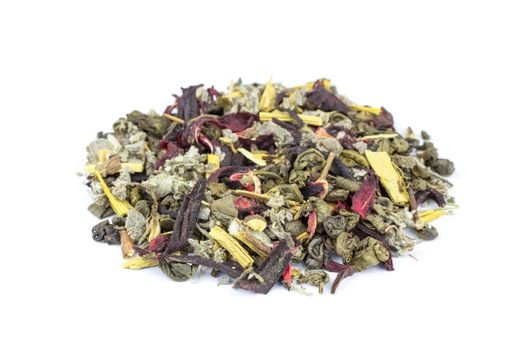 Heap of loose biological Wonder World tea isolated on white background