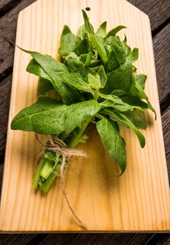 Spring spinach leaves on cutting board and dark wooden background