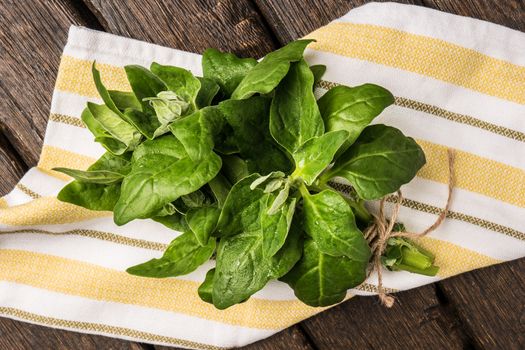 Spring spinach leaves on dark wooden background with kitchen cloth