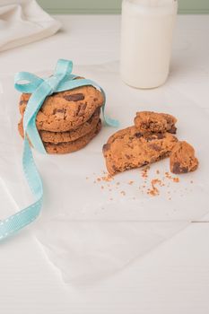 Chocolate chip cookies with a blue ribbon and a glass of milk on a white wooden table with a robin egg blue background. Vintage look.