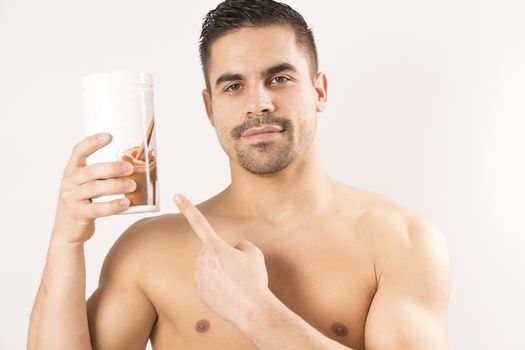 sport, fitness, healthy lifestyle and people concept - close up of man with jar  for protein shake