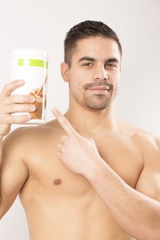 sport, fitness, healthy lifestyle and people concept - close up of man with jar  for protein shake