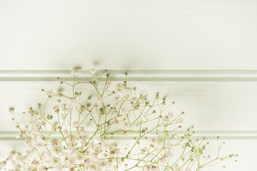 A bouquet of gypsophila flowers lay on the wooden table. Vintage style image. Copy space