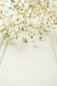 A bouquet of gypsophila flowers lay on the wooden table. Vintage style image. Copy space