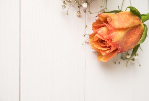 A bouquet of orange roses and gypsophila on wooden table. Copy space