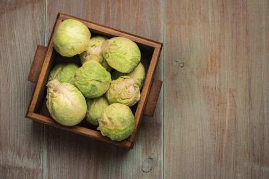 Fresh brussel sprouts over rustic wooden texture. Top view with copy space.