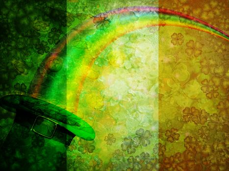 St Patricks Day Four Leaf Clover Shamrock Leprechaun Hat Gold Coins Rainbow with Grunge Texture Irish Flag Background