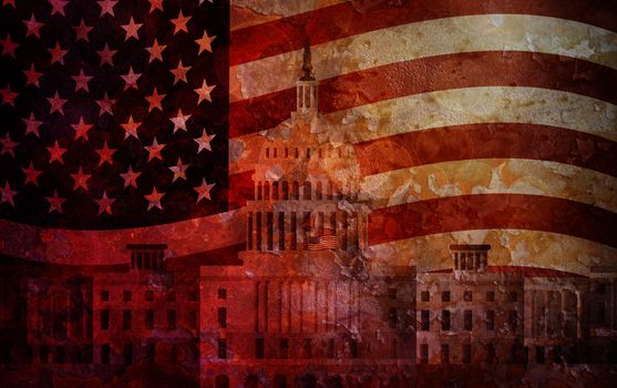 Washington DC US Capitol Building with US American Flag Grunge Texture Background Illustration