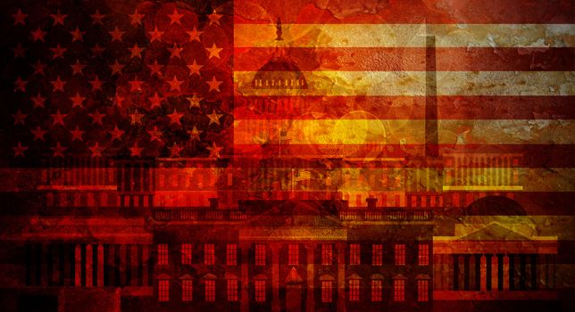 Washington DC Capitol White House USA Flag Silhouette with Grunge Texture Background Illustration