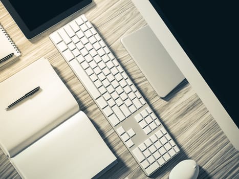 High angle view of a setting table of business workplace, shot in office, home work space