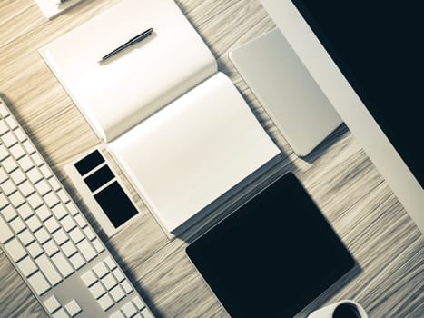 High angle view of a setting table of business workplace, shot in office, home work space