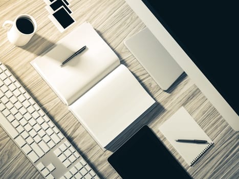 High angle view of a setting table of business workplace, shot in office, home work space