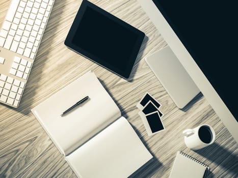 High angle view of a setting table of business workplace, shot in office, home work space