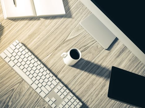 High angle view of a setting table of business workplace, shot in office, home work space