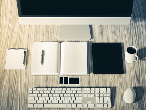 High angle view of a setting table of business workplace, shot in office, home work space