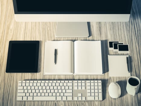 High angle view of a setting table of business workplace, shot in office, home work space