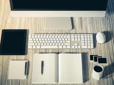 High angle view of a setting table of business workplace, shot in office, home work space