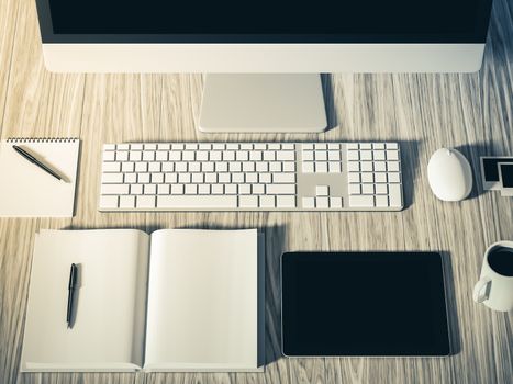 High angle view of a setting table of business workplace, shot in office, home work space