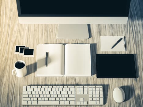 High angle view of a setting table of business workplace, shot in office, home work space