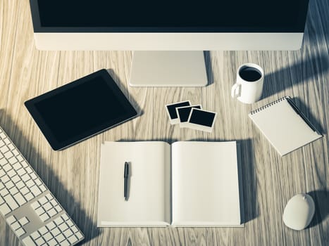 High angle view of a setting table of business workplace, shot in office, home work space