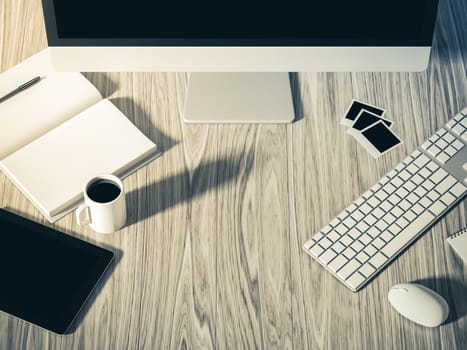 High angle view of a setting table of business workplace, shot in office, home work space