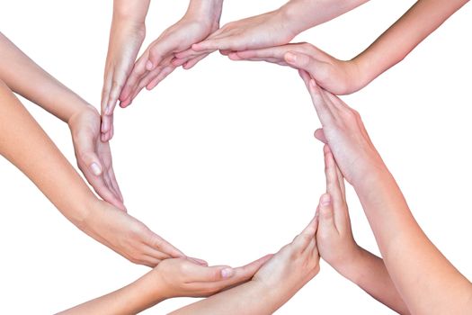 Many arms of young girls with hands making circle isolated on white background