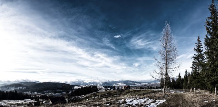 Carpathian mountain valley covered with fresh snow. Majestic landscape. Ukraine, Europe