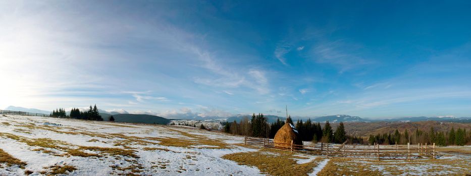 Carpathian mountain valley covered with fresh snow. Majestic landscape. Ukraine, Europe