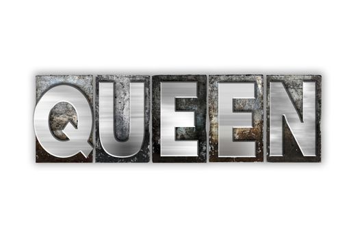 The word "Queen" written in vintage metal letterpress type isolated on a white background.