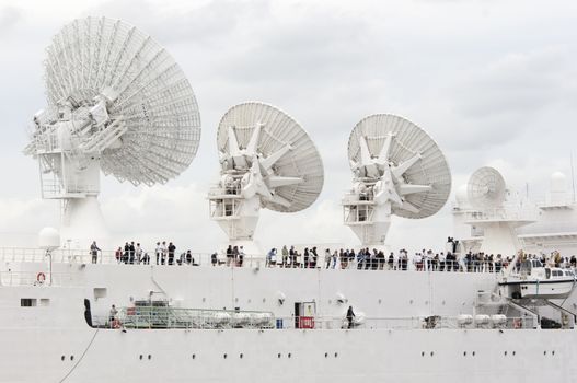 View of the satellite system on top of a  cruise ship