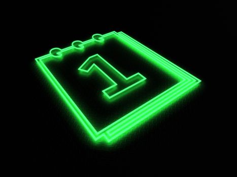 3d render green number 1 neon isolated on black brick wall background