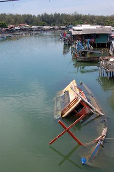 Abandoned sinked boat at river, Southern Thailand